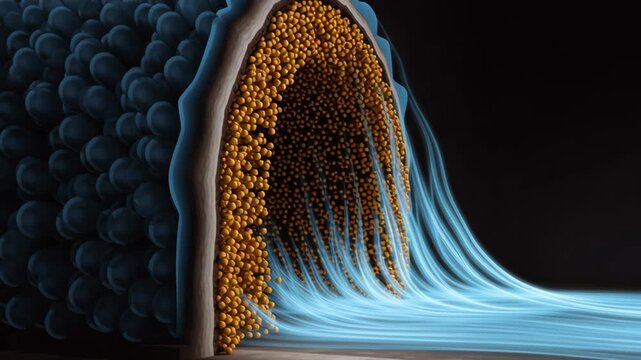 Blue fiber bundle cross section revealing golden filament core and flowing light strands conveying dynamic energy visualization