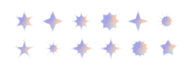 Collection of grainy gradient star icons with stipple pastel effect. Minimal glowing grainy shapes isolated on light background for poster, cosmic artwork, web and modern design