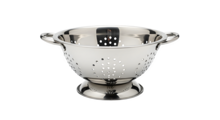 Stainless steel colander isolated on transparent background, a versatile kitchen utensil for draining pasta, rinsing vegetables, and preparing food