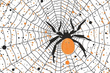 Obraz premium cartoon halloween background with spider web, pumpkins, and trees on blue night sky
