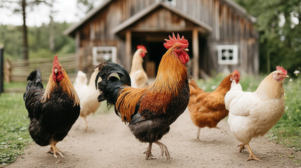Free range chickens walking in countryside farmyard