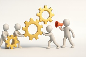 Collaborative Teamwork with Gears and Megaphone Representing Business Success and Communication
