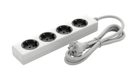 Power strip with four sockets isolated on transparent background, a practical solution for expanding electrical outlets in home or office