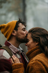 Loving couple embracing outdoors, man kissing woman's forehead