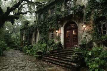 Fototapeta premium An eerie, abandoned mansion with overgrown ivy creeping up the walls and cobwebs in the windows