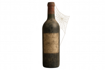 Vintage red wine bottle revealing aged label and dusty glass with a cobweb, isolated on transparent background