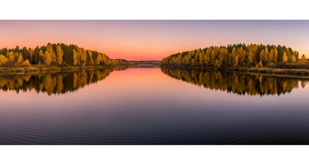 Obraz premium Serene Autumn Lake Reflection - Golden Trees and Sunset Sky.