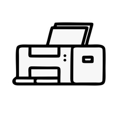 A simple, hand-sketched black and white printer or printing machine icon. Ideal for designs that require a representation of office hardware, technology, or the process of printing documents.