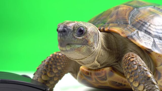 A close-up shot of a tortoise's face, with its distinctive shell and texture, against a vibrant green backdrop, showcasing its unique reptilian features in sharp focus