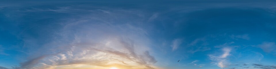 Fototapeta premium Seamless 360 HDR spherical panorama of sunset sky with vibrant pink Cirrus clouds. Full zenith or sky dome in 3D, sky replacement for aerial drone panoramas. Climate and weather change.