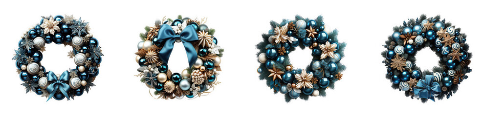 Christmas wreath isolated on transparent background, adorned with blue and gold ornaments, creating a festive and elegant holiday decoration for the winter season