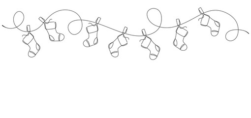 Minimalist continuous line drawing of hanging Christmas stockings on a decorative swirl line. The simple black outline illustration represents festive holiday decor, perfect for Christmas cards