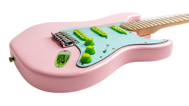 a pink electric guitar with a light blue neck green pickguard isolated on white background