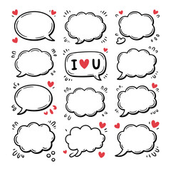 Hand drawn speech bubbles with hearts for love and communication concept