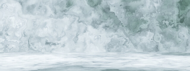 3D stone wall background. White and green rock wall