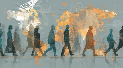 Fototapeta premium Silhouetted Figures Walking Against World Map with Abstract Orange and Blue Patterns