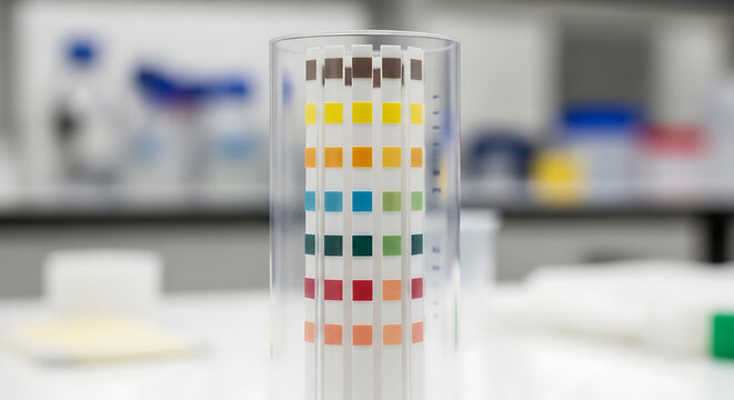 Medical Urinalysis Test Strips in a Glass Container.