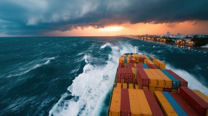 Dramatic Sunset Over Container Ship Navigating Rough Seas and Stormy Skies