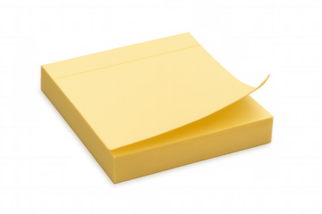 Stack of yellow sticky notes with one sheet peeling off, against a clear background. Ideal for jotting down office to-dos