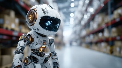 Futuristic Robot in Modern Warehouse with Shelves and Boxes for Technology and Automation Themes