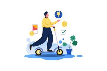 Idea Maker Flat Vector Illustration of Man on Scooter Generating Ideas with Light Bulb Coin and Check Mark Transparent Background