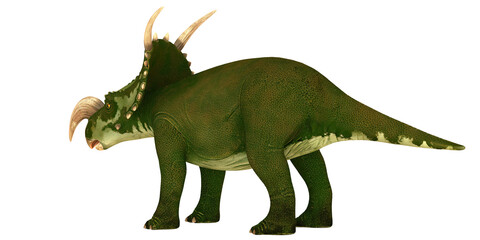 Green dinosaur featuring prominent horns and frills.