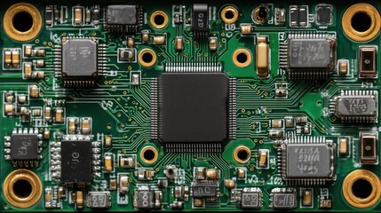 Fototapeta premium Close-up of Circuit Board with Microchips and Electronics in Green Color Scheme