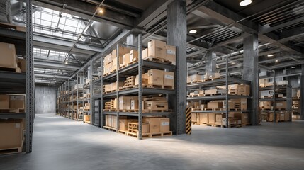 Modern Warehouse Interior with Shelving Units and Cardboard Boxes in Industrial Setting