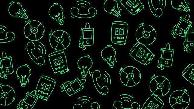 Neon seamless technology pattern on black with bright green line icons of e‑book readers, CDs, bulbs and phones. Striking cyber style for posters, screensavers and EDM visual loops.
