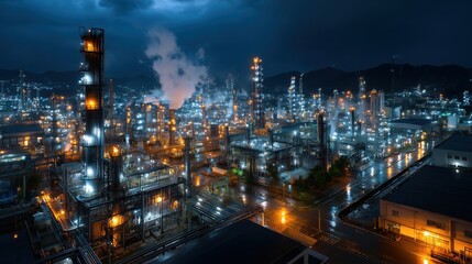 Fototapeta premium Nighttime Industrial Landscape with Illuminated Oil Refinery and Dark Stormy Sky