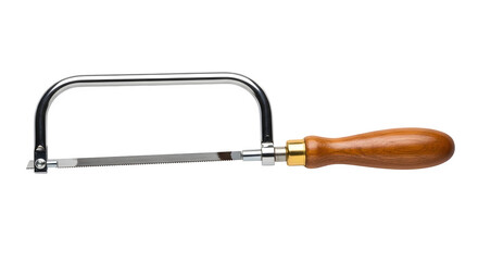 Coping saw with wooden handle isolated on transparent background is used for cutting curves in woodworking and metalworking projects