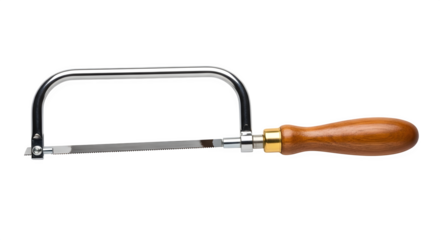 Coping saw with wooden handle isolated on transparent background is used for cutting curves in woodworking and metalworking projects
