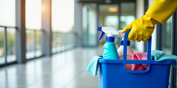 Professional cleaner with yellow gloves holding a basket of supplies for sanitizing in a modern office hallway