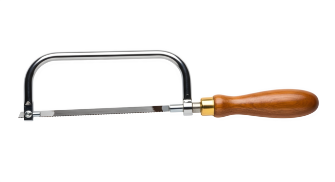 Coping saw with wooden handle isolated on transparent background is used for cutting curves in woodworking and metalworking projects