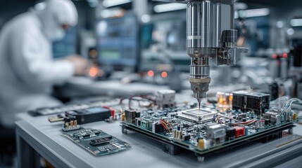 Naklejka premium High-Tech Laboratory Scene Featuring Precision Equipment and Circuit Board Assembly Process