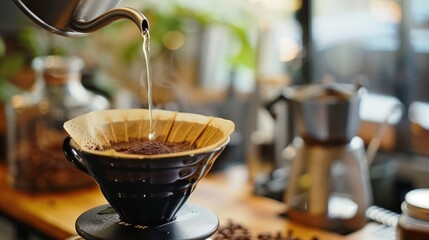 Manual Coffee Brewing Process with Hot Water Pouring Over Fresh Ground Coffee in Cafe Setting