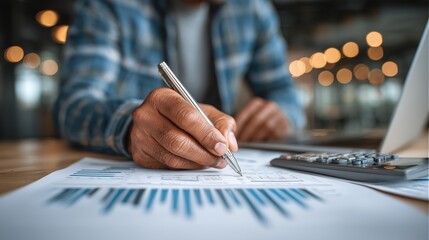 Businessman Analyzing Financial Reports and Graphs in Modern Office Setting with Calculator