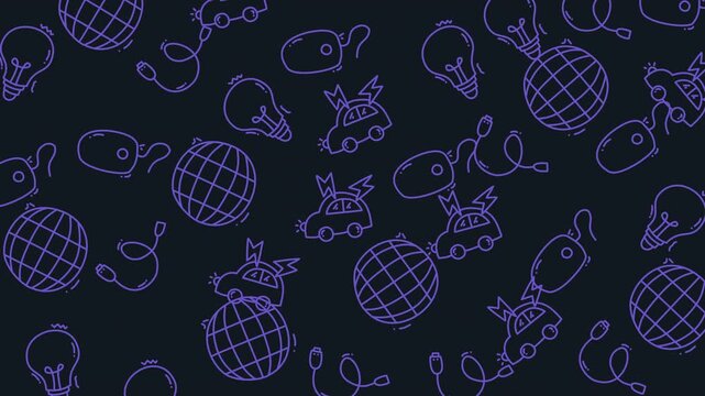 Seamless technology pattern on dark slate with purple doodles of globes, light bulbs, cars and cables. Simple geometric repeat ideal for branding, packaging, wallpaper and web assets.
