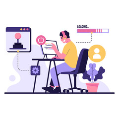 Illustration of a Man Making an Appointment Schedule with Transparent Background Desk Chair Laptop and Headset in a Vector Style with Light Purple Accents