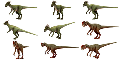 Illustrations of various dinosaurs, green and brown.
