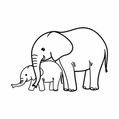 Adorable cartoon mother elephant and baby elephant standing together in a sweet embrace