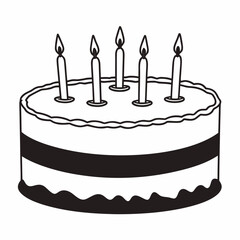 Black and white illustration of a layered birthday cake with five lit candles on a white background