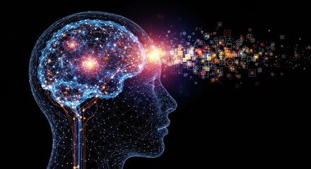A vibrant digital illustration depicting the complex neural network of the human brain. Bursts of colorful data particles symbolize the mind's interconnectedness and rapid information processing.