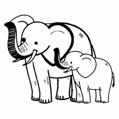 Charming hand drawn illustration of a mother elephant and her baby standing together