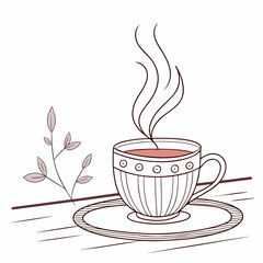 Cozy illustration of a steaming cup of tea or coffee on a saucer with a delicate plant branch nearby