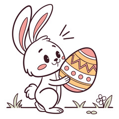 Cute cartoon white bunny holding a colorful decorated easter egg in a grassy field