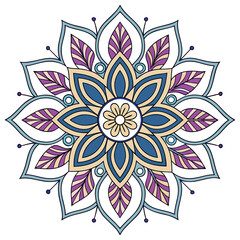 Intricate mandala design with blue yellow purple and teal petals isolated on white background