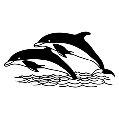 Two playful dolphins leaping joyfully through stylized ocean waves in a simple black and white illustration