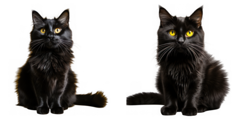 Two elegant black cats are sitting gracefully, their sleek fur contrasting against the isolated on transparent background, showcasing their captivating presence