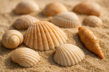 Close up of seashells on sandy beach. 